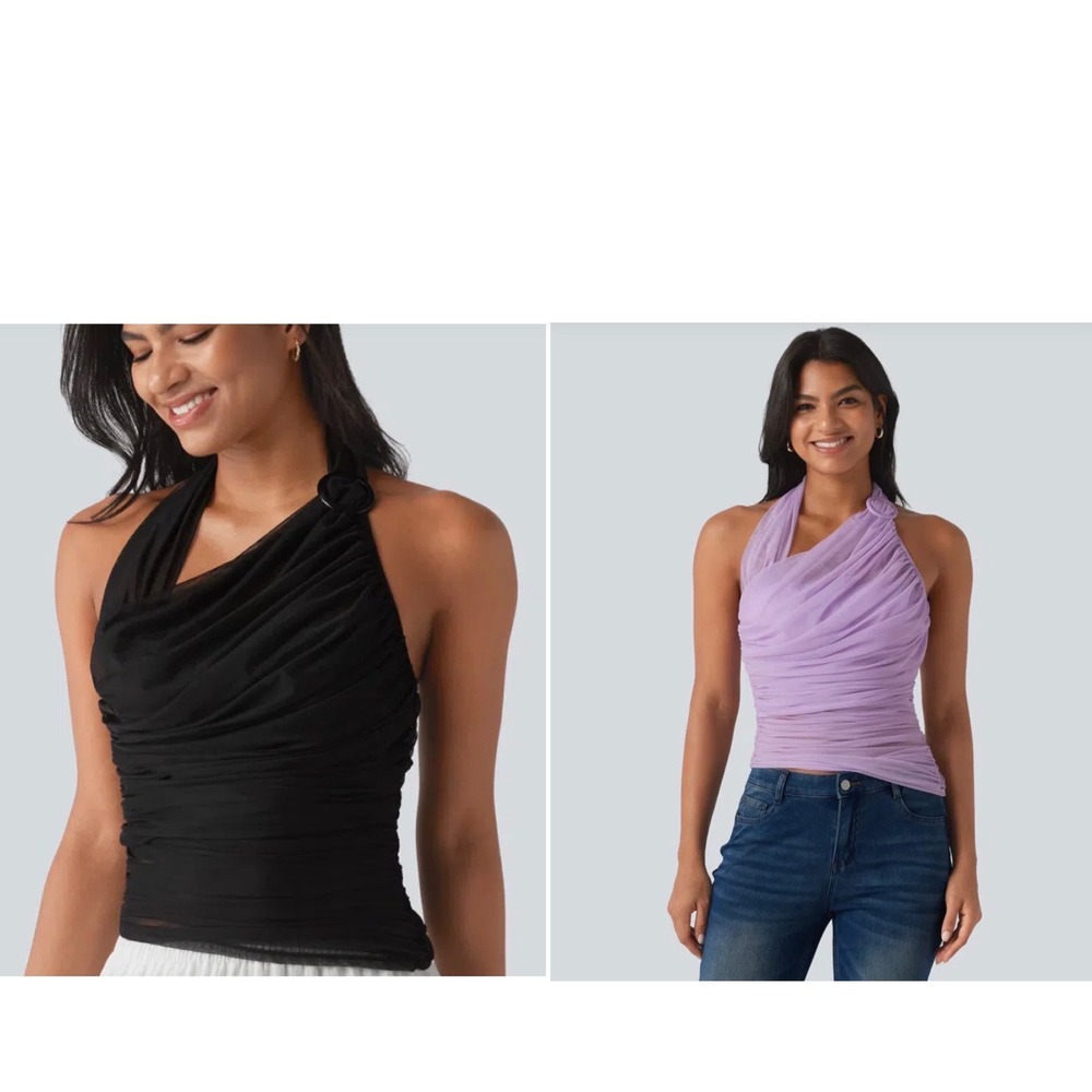 Halara Ruched Mesh Overlay Halter Top Set of 2 One Shoulder NWT Medium Resort
